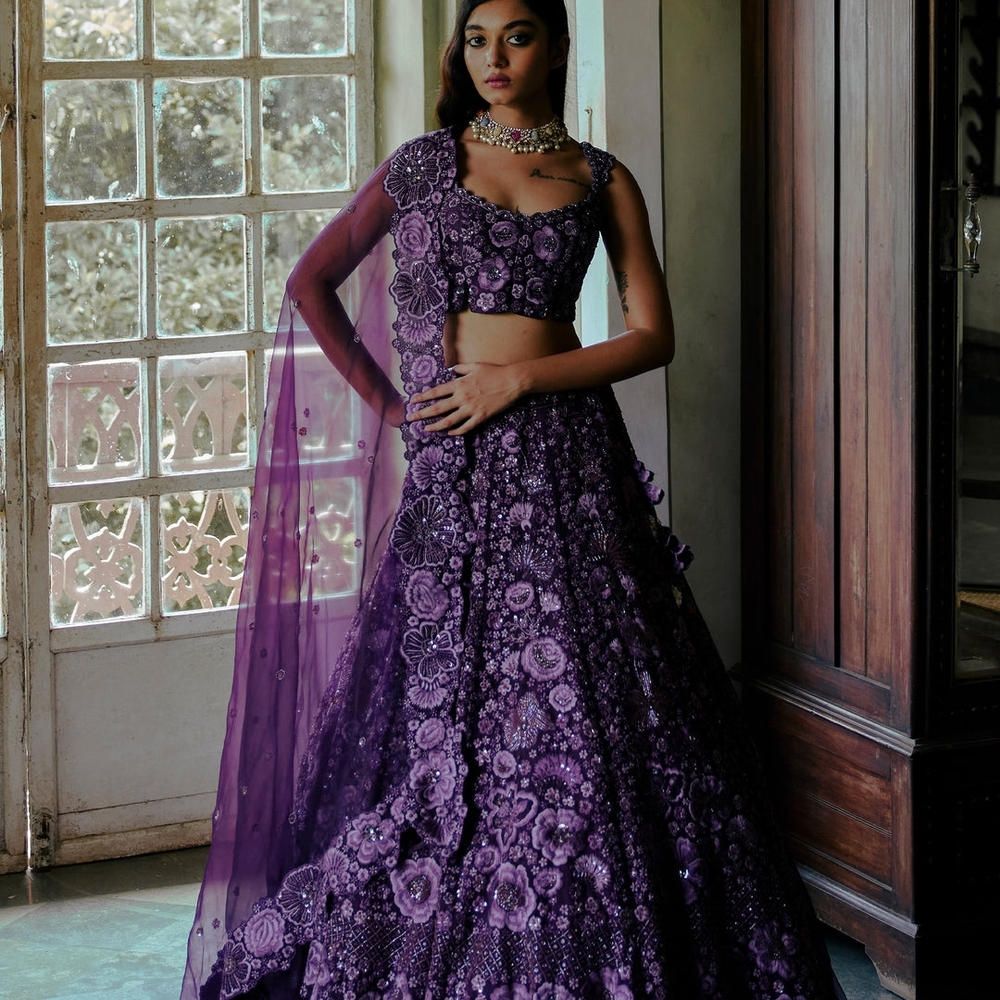 Elegant Purple Embroidered Indian Lehenga Skirt And Dupattas